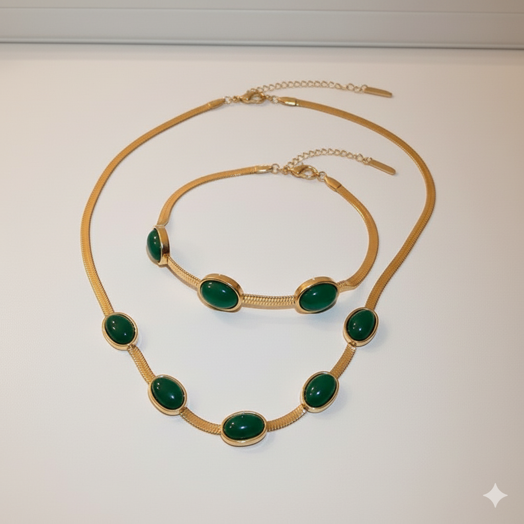 Aura Gold & Emerald Duo Necklace and Bracelet